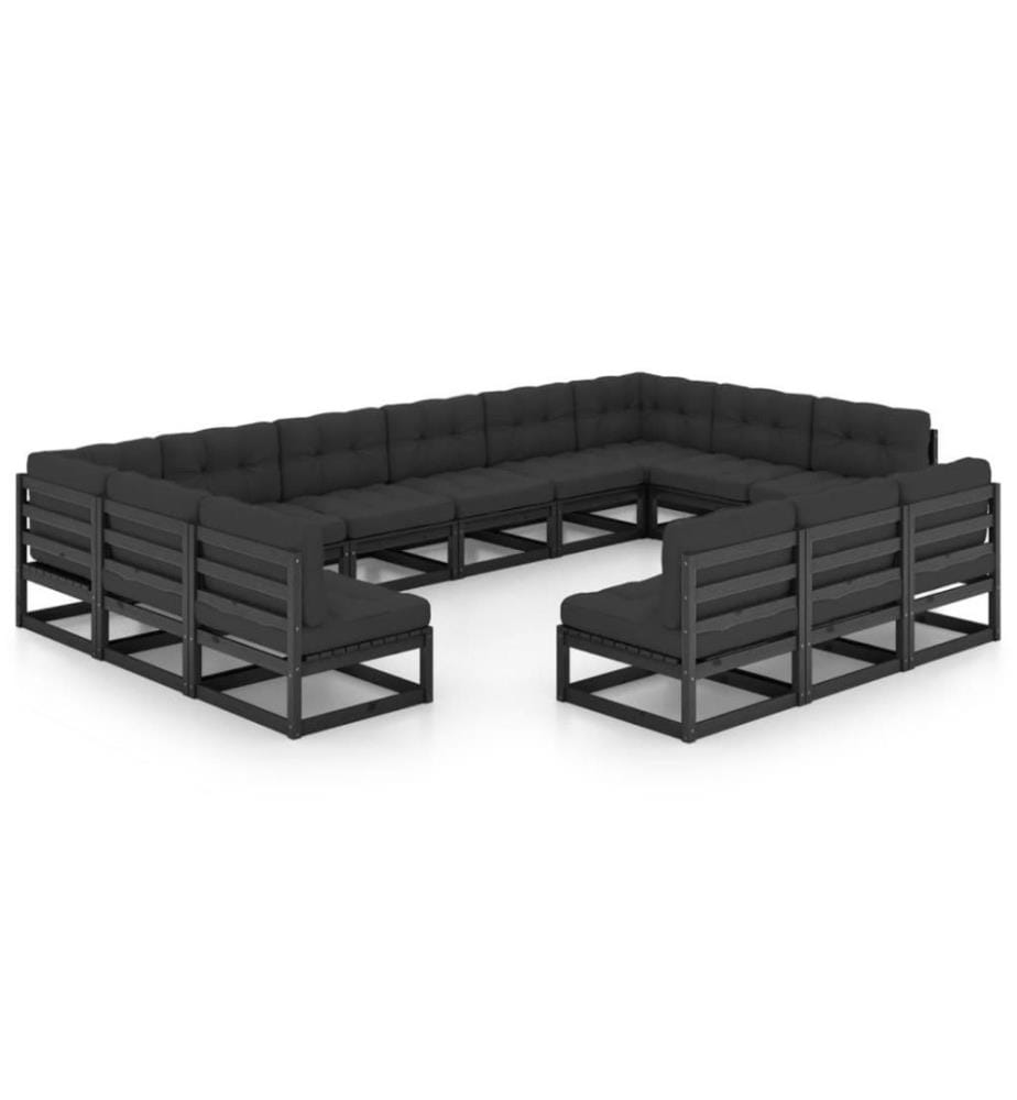 13-tlg. Garten-Lounge-Set mit Kissen Schwarz Massivholz Kiefer