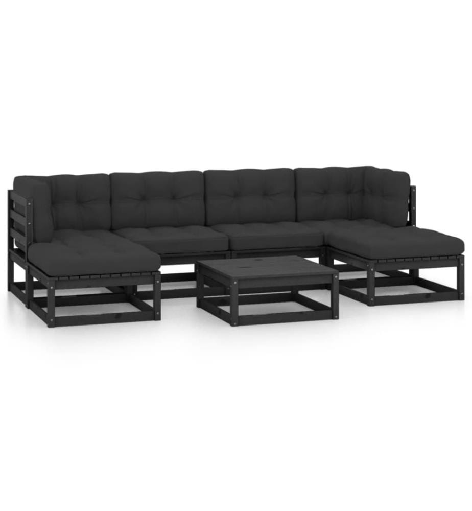 7-tlg. Garten-Lounge-Set mit Kissen Schwarz Kiefer Massivholz