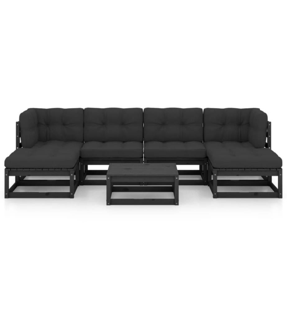 7-tlg. Garten-Lounge-Set mit Kissen Schwarz Kiefer Massivholz