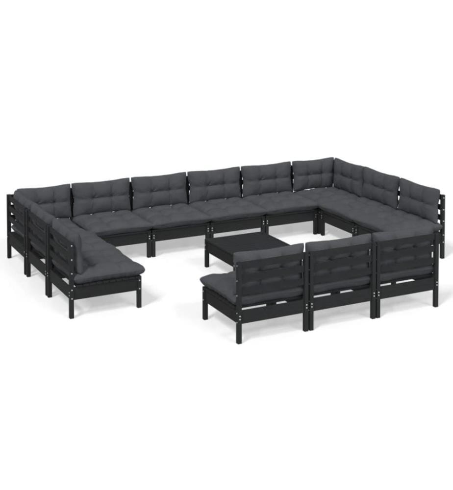 14-tlg. Garten-Lounge-Set mit Kissen Schwarz Massivholz Kiefer