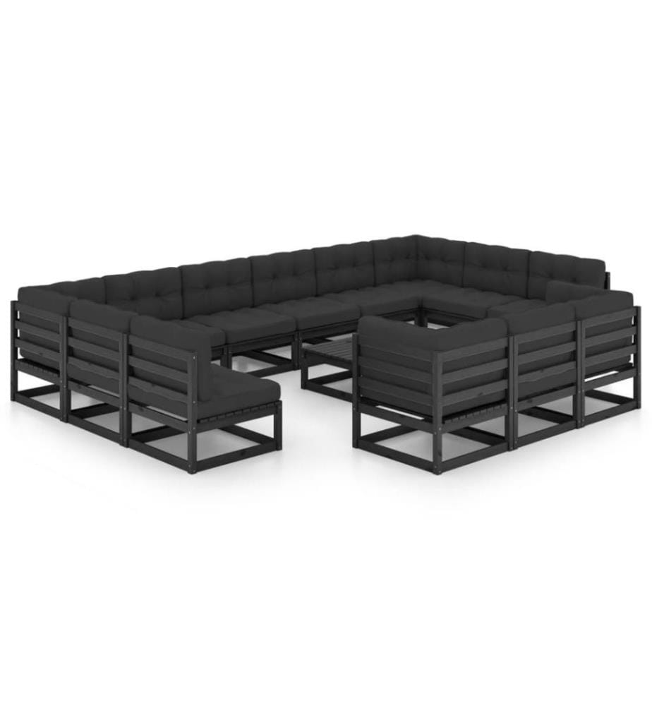 14-tlg. Garten-Lounge-Set mit Kissen Schwarz Kiefer Massivholz