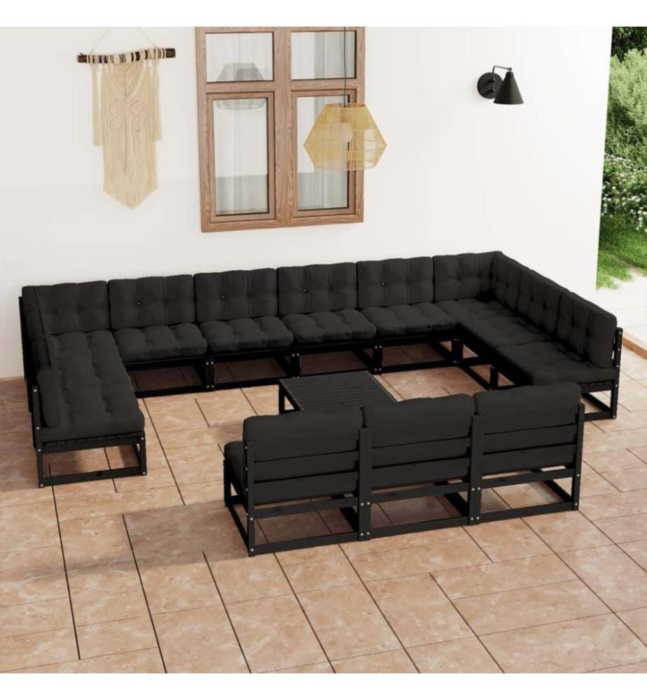 14-tlg. Garten-Lounge-Set mit Kissen Schwarz Kiefer Massivholz