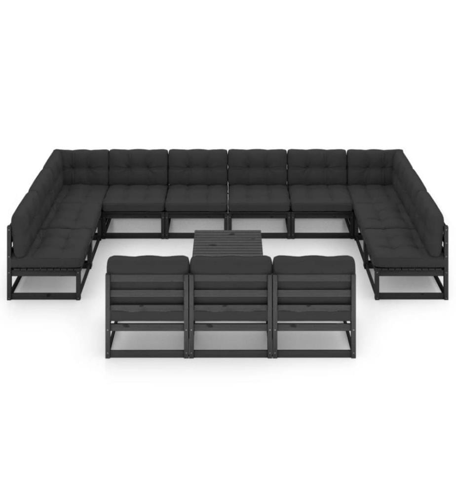 14-tlg. Garten-Lounge-Set mit Kissen Schwarz Kiefer Massivholz