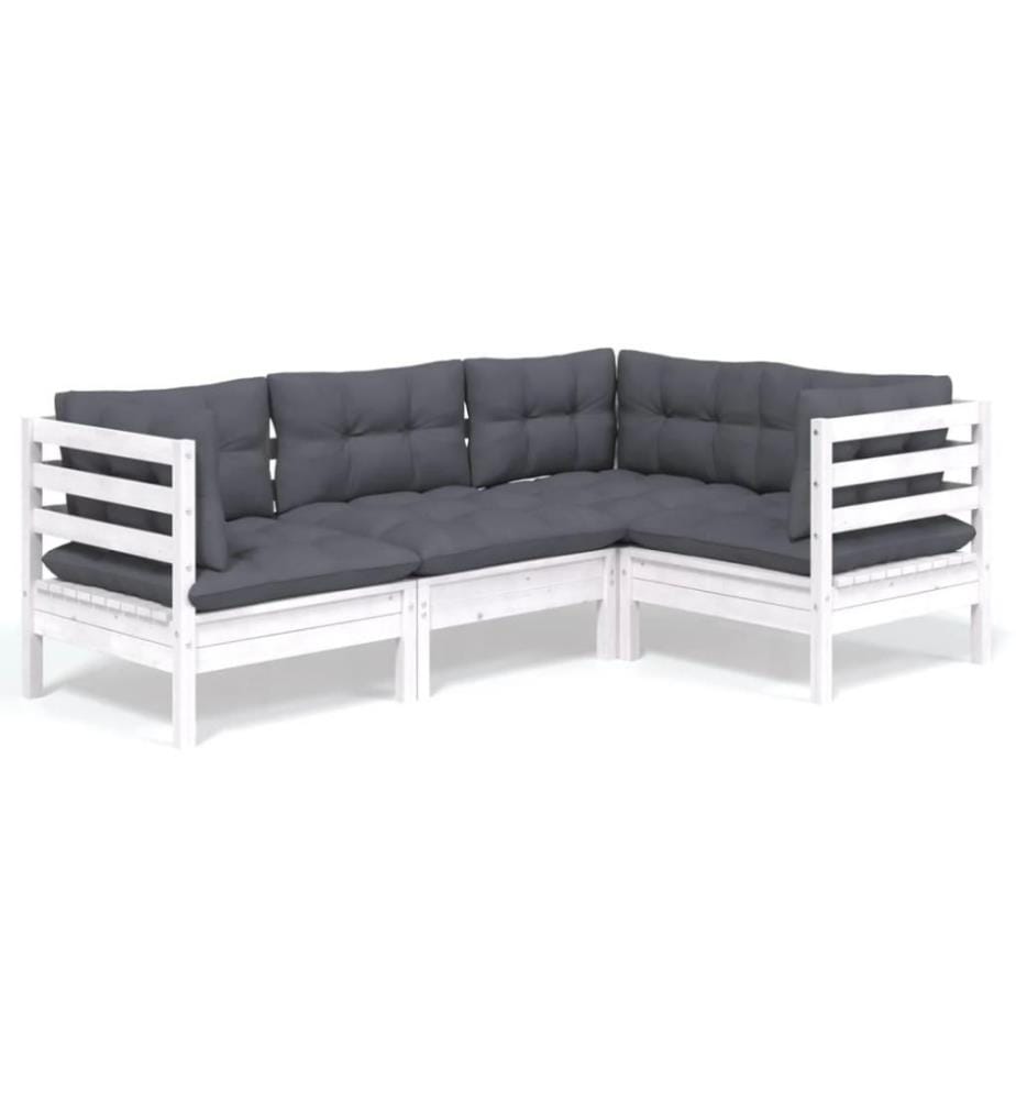 Salon de jardin 4 pcs avec coussins Blanc Bois de pin