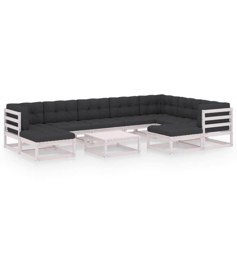10-tlg. Garten-Lounge-Set mit Kissen Weiss Kiefer Massivholz