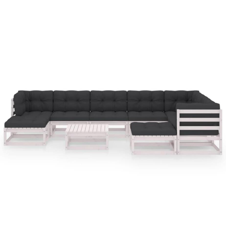 10-tlg. Garten-Lounge-Set mit Kissen Weiss Kiefer Massivholz