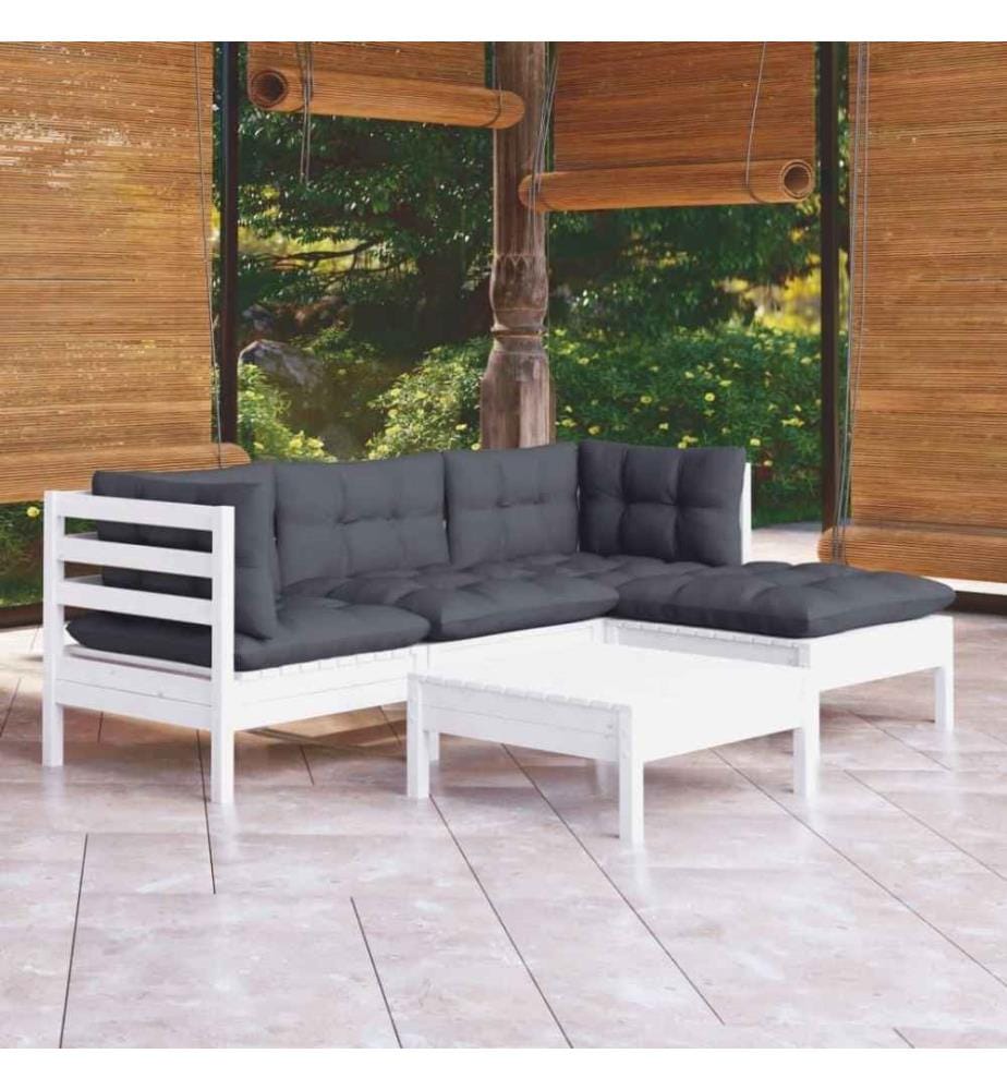 Salon de jardin 5 pcs avec coussins Blanc Bois de pin
