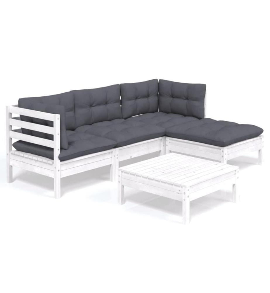 Salon de jardin 5 pcs avec coussins Blanc Bois de pin