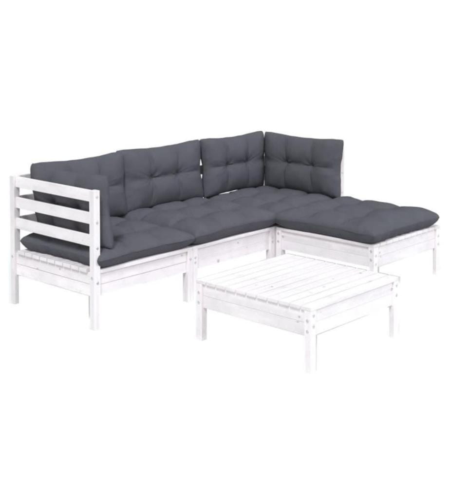 Salon de jardin 5 pcs avec coussins Blanc Bois de pin