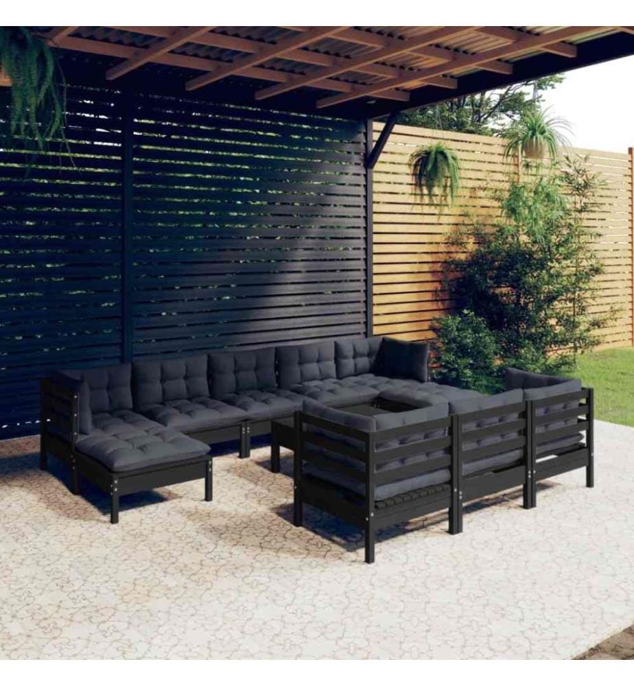 11-tlg. Garten-Lounge-Set mit Kissen Schwarz Kiefer Massivholz