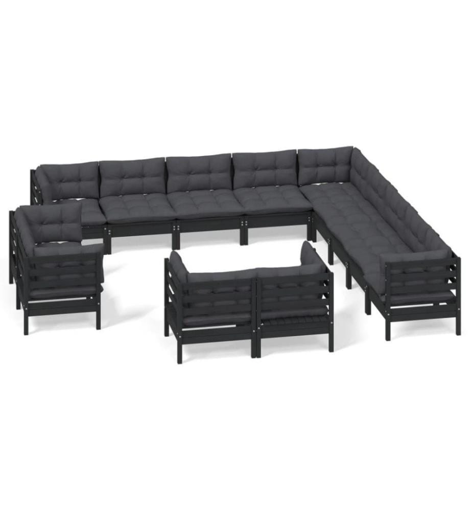 13-tlg. Garten-Lounge-Set mit Kissen Schwarz Massivholz Kiefer