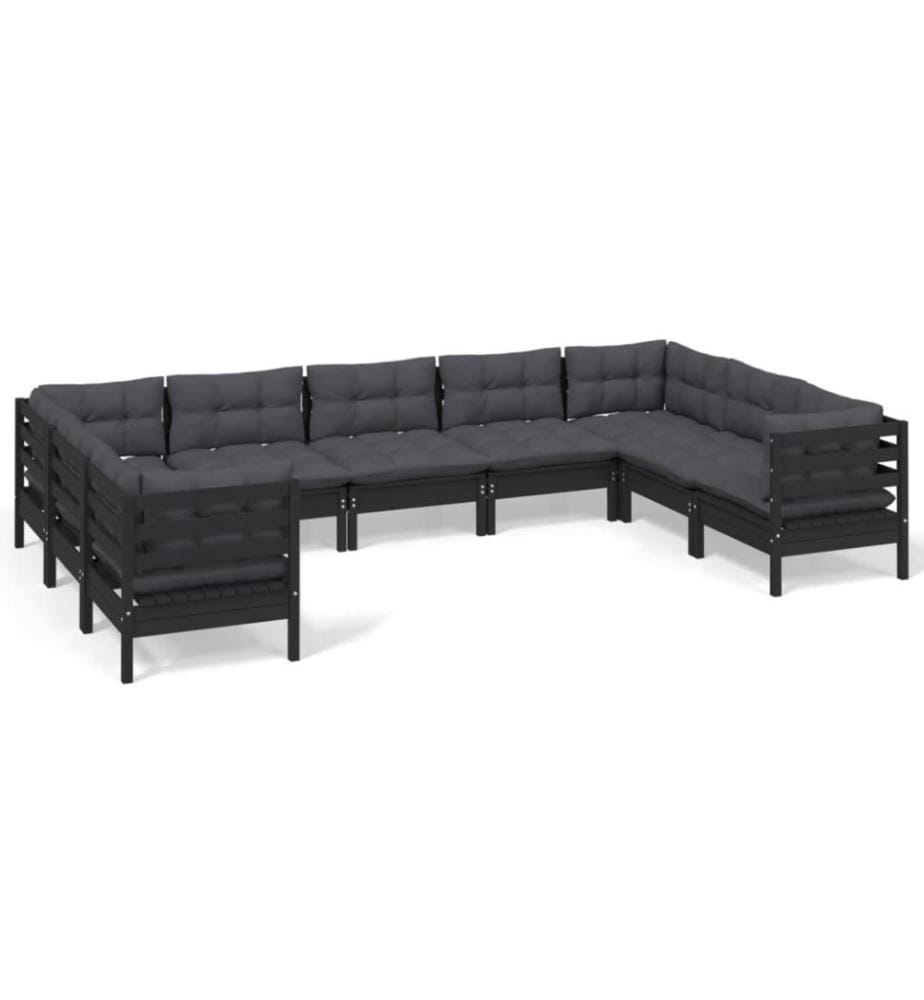 9-tlg. Garten-Lounge-Set mit Kissen Schwarz Kiefernholz