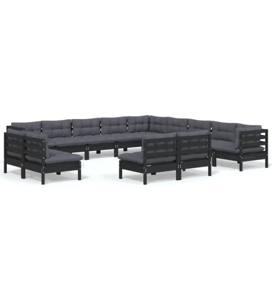 13-tlg. Garten-Lounge-Set mit Kissen Schwarz Massivholz Kiefer