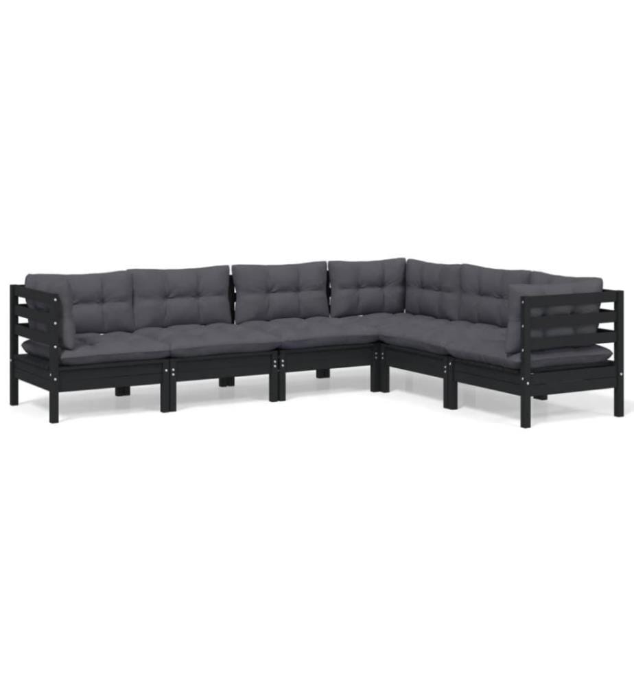 6-tlg. Garten-Lounge-Set mit Kissen Schwarz Massivholz Kiefer
