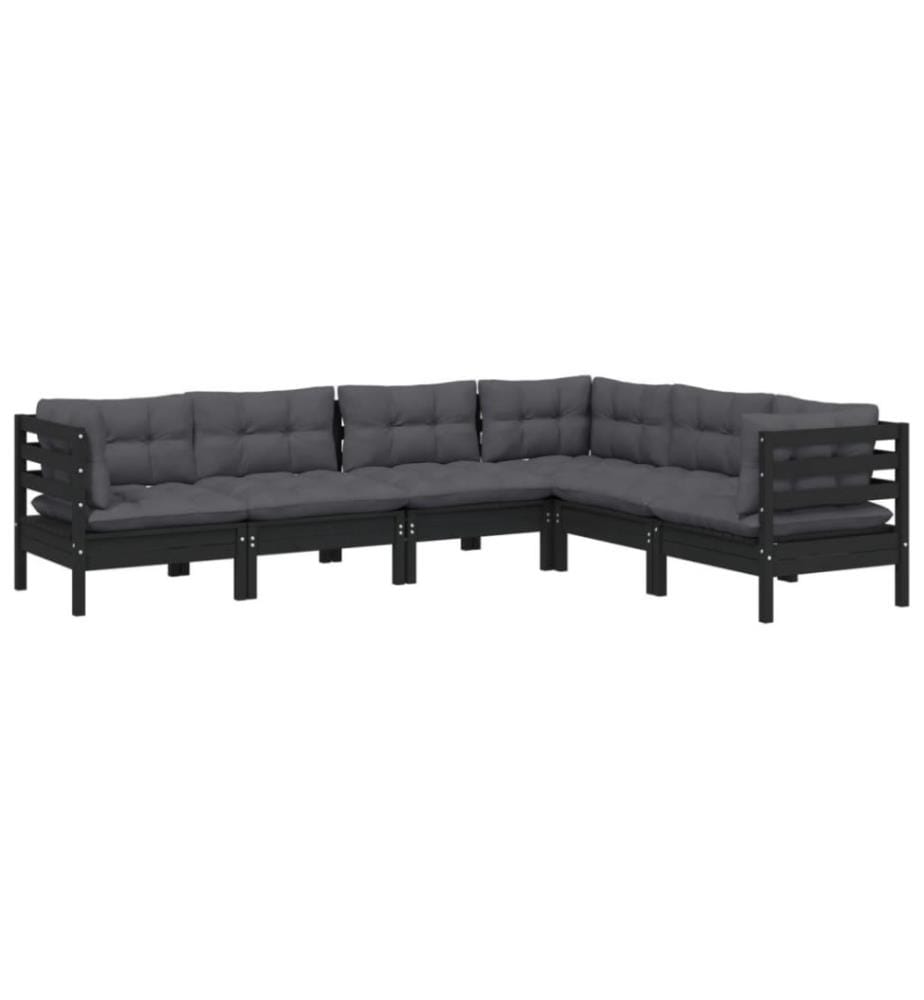 6-tlg. Garten-Lounge-Set mit Kissen Schwarz Massivholz Kiefer
