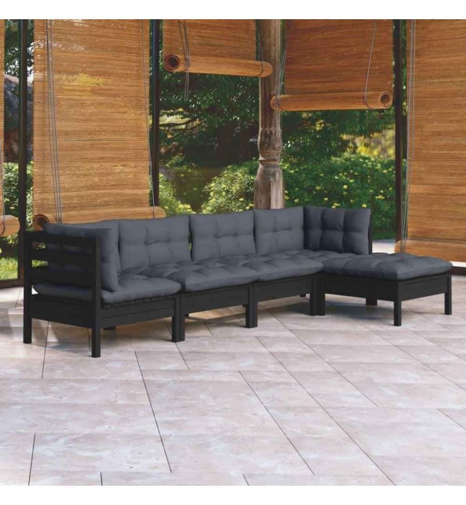 5-tlg. Garten-Lounge-Set mit Kissen Schwarz Kiefernholz