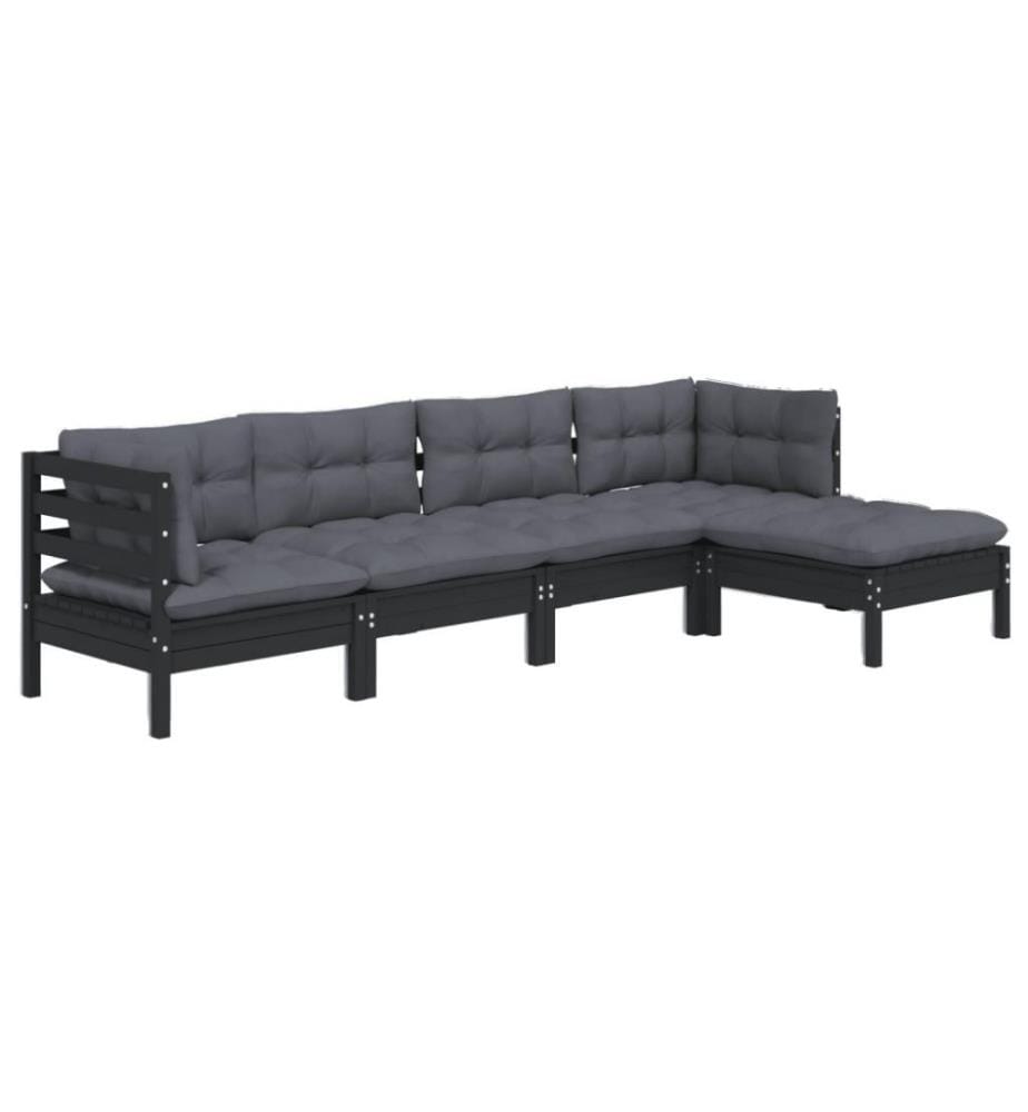5-tlg. Garten-Lounge-Set mit Kissen Schwarz Kiefernholz