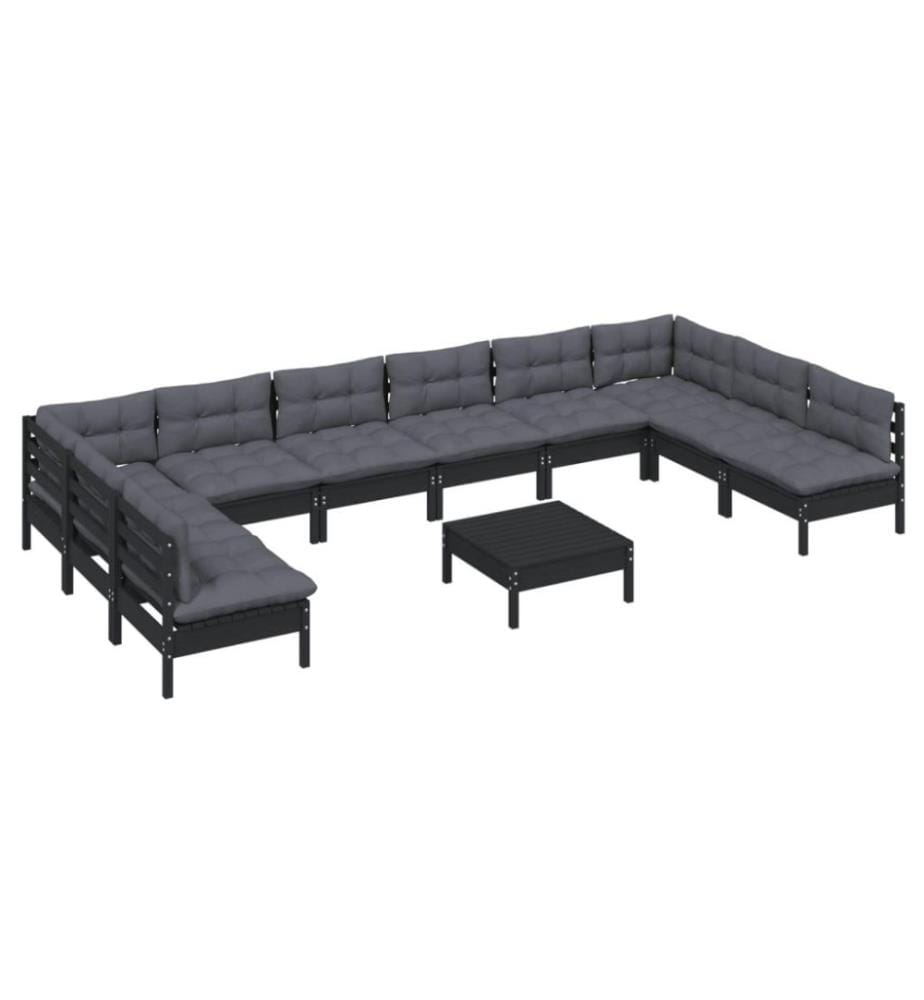 11-tlg. Garten-Lounge-Set mit Kissen Schwarz Kiefer Massivholz