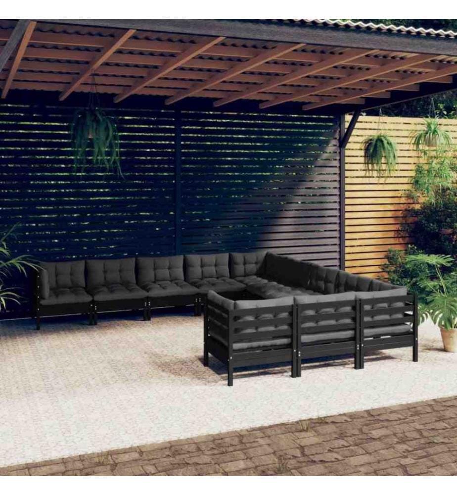 11-tlg. Garten-Lounge-Set mit Kissen Schwarz Kiefernholz