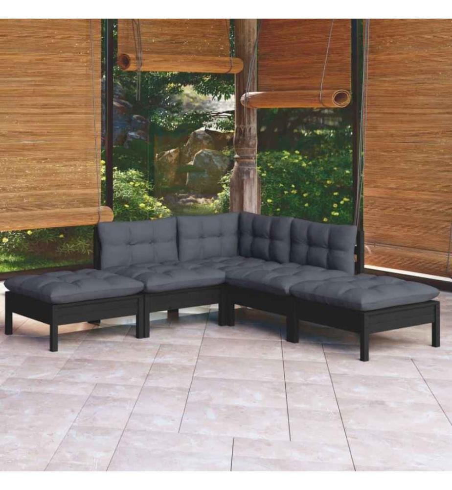 5-tlg. Garten-Lounge-Set mit Kissen Schwarz Kiefernholz