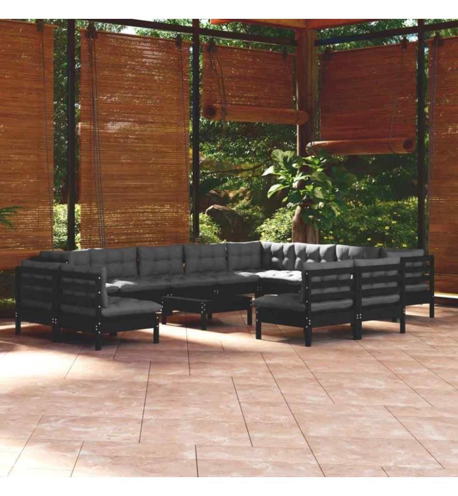 13-tlg. Garten-Lounge-Set mit Kissen Schwarz Massivholz Kiefer