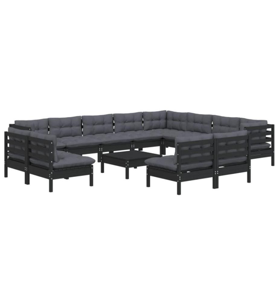 13-tlg. Garten-Lounge-Set mit Kissen Schwarz Massivholz Kiefer