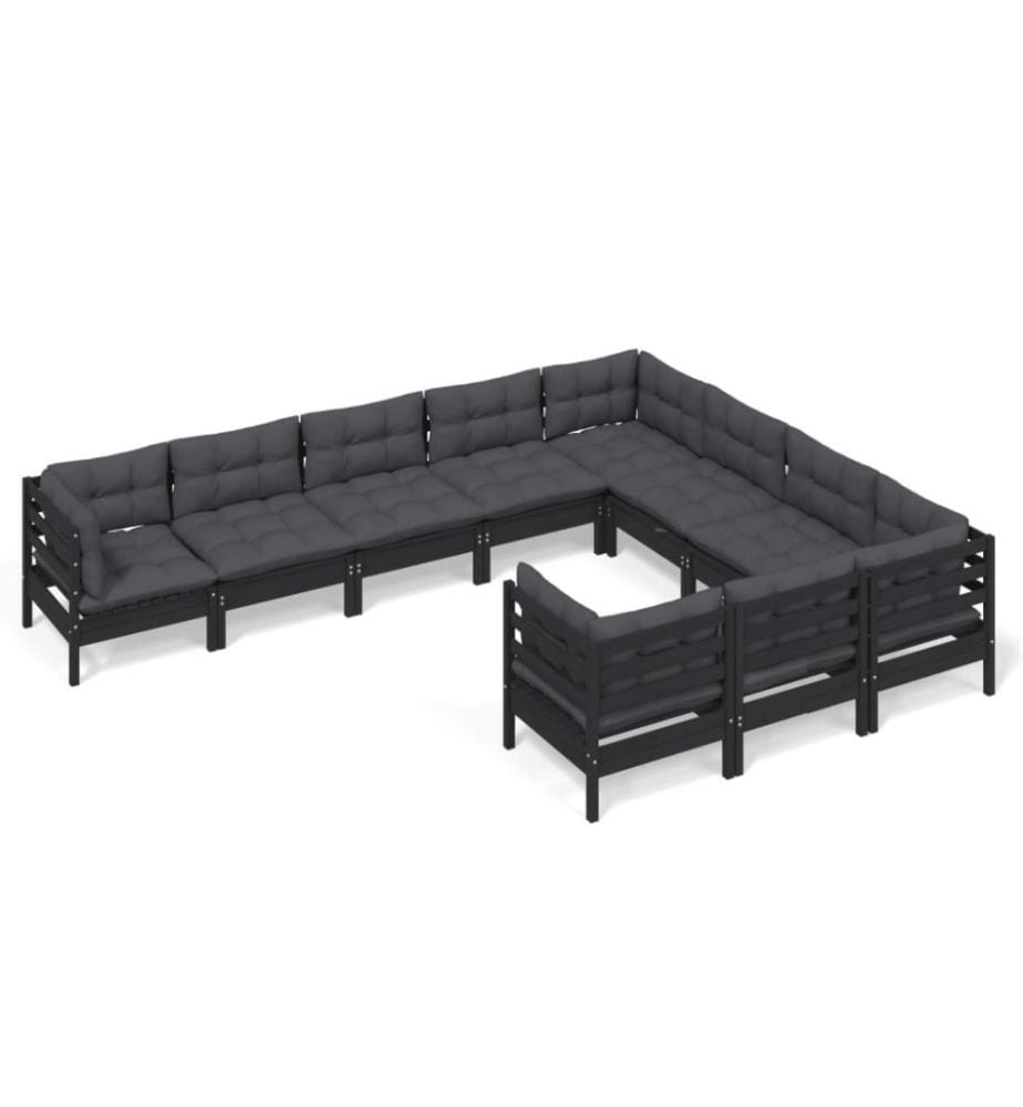 10-tlg. Garten-Lounge-Set mit Kissen Schwarz Kiefernholz