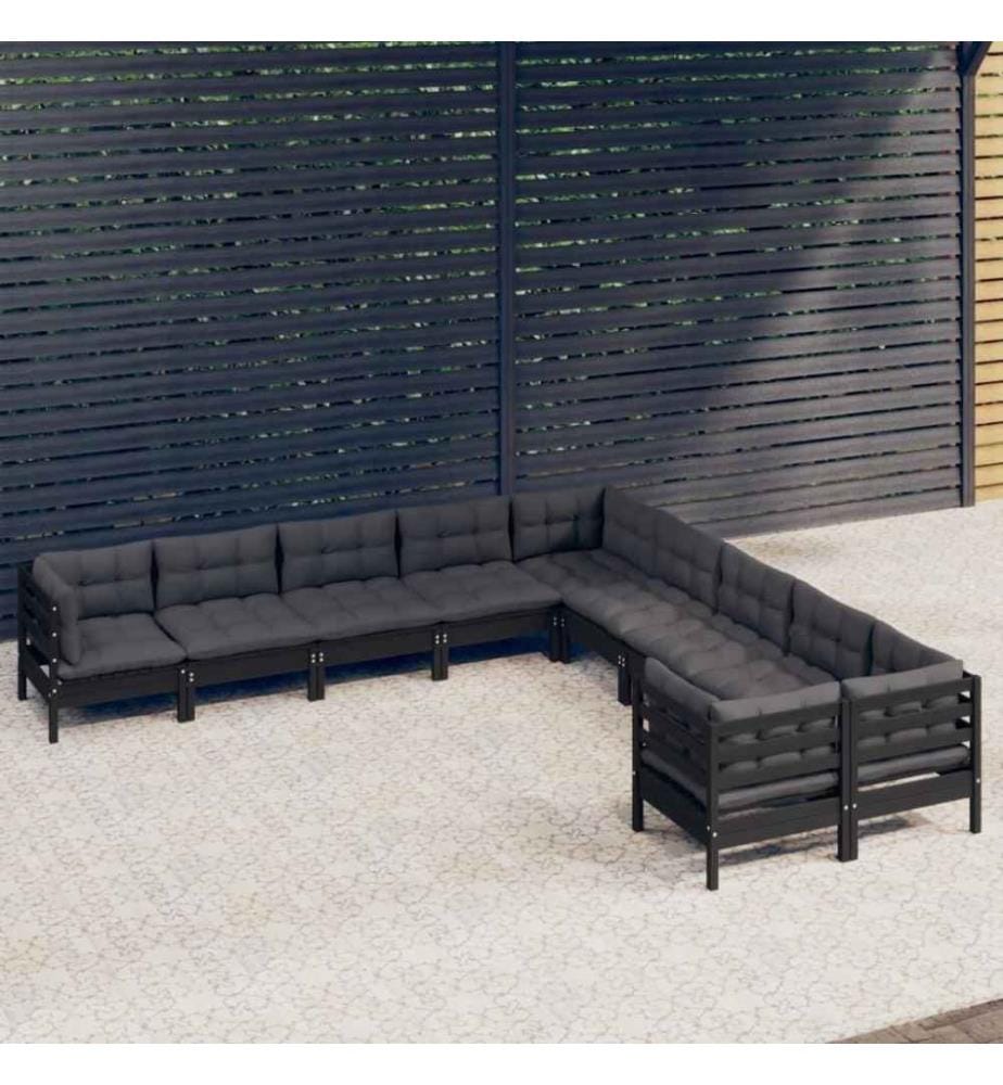 10-tlg. Garten-Lounge-Set mit Kissen Schwarz Kiefernholz