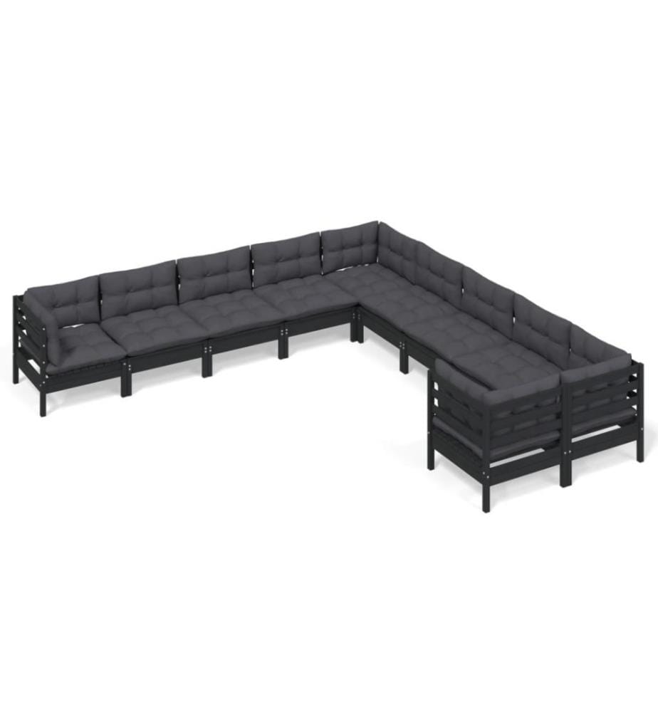 10-tlg. Garten-Lounge-Set mit Kissen Schwarz Kiefernholz