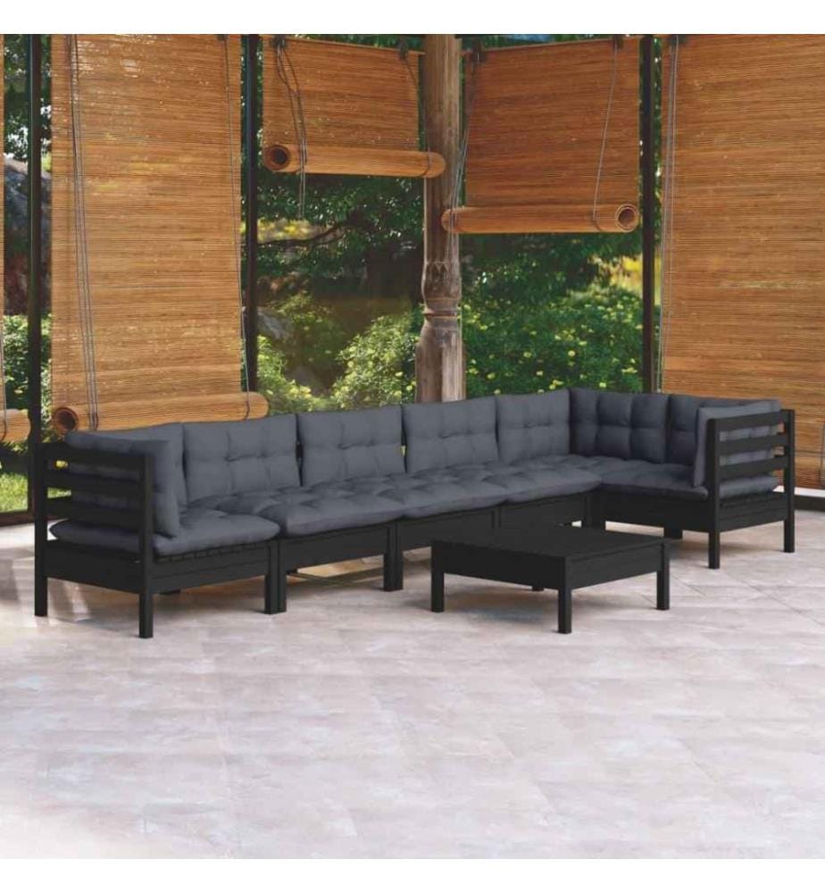 7-tlg. Garten-Lounge-Set mit Kissen Schwarz Kiefernholz