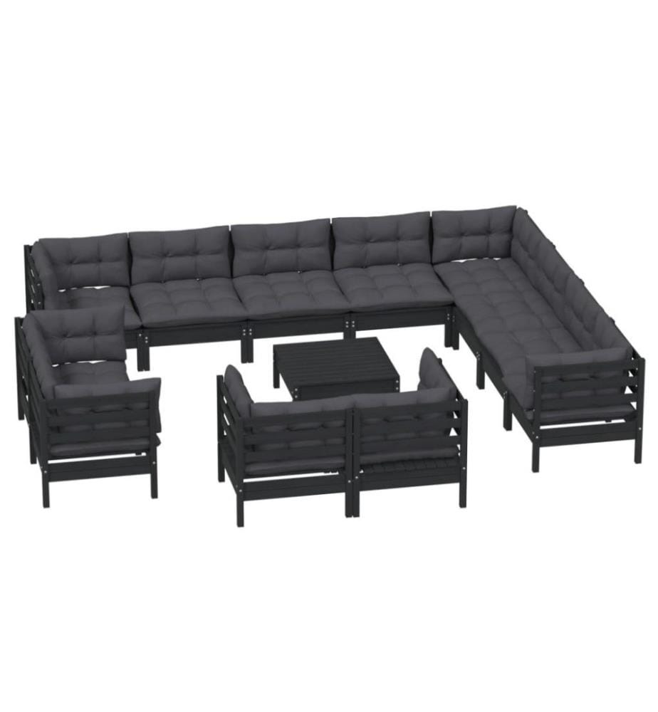 13-tlg. Garten-Lounge-Set mit Kissen Schwarz Massivholz Kiefer