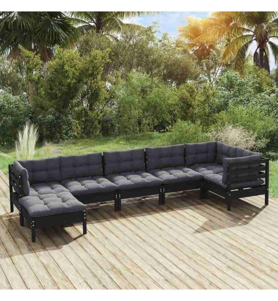 Salon de jardin 7 pcs avec coussins Noir Bois de pin solide