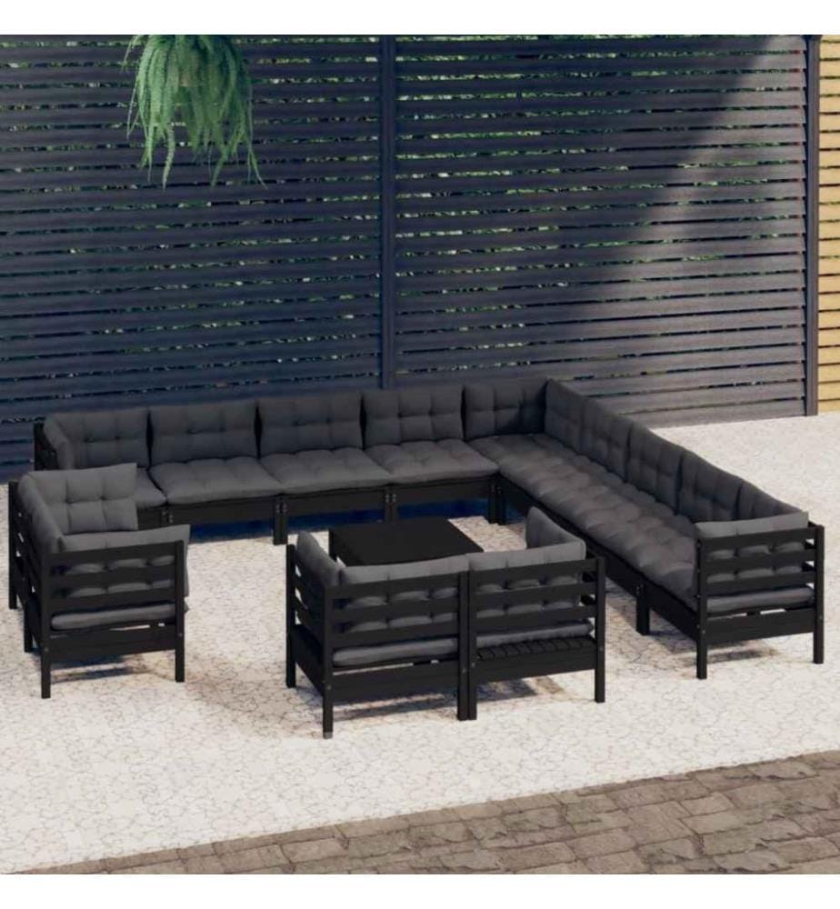 14-tlg. Garten-Lounge-Set mit Kissen Schwarz Massivholz Kiefer