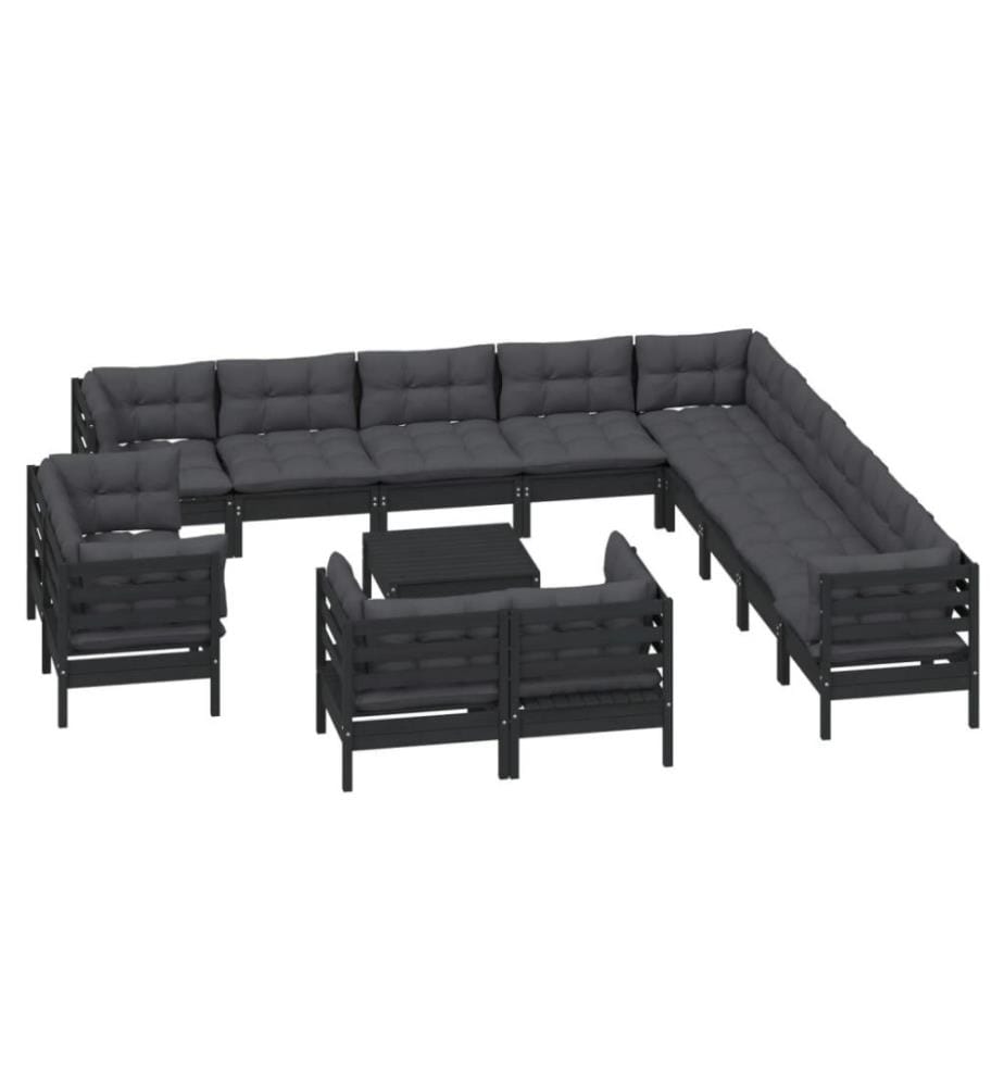 14-tlg. Garten-Lounge-Set mit Kissen Schwarz Massivholz Kiefer