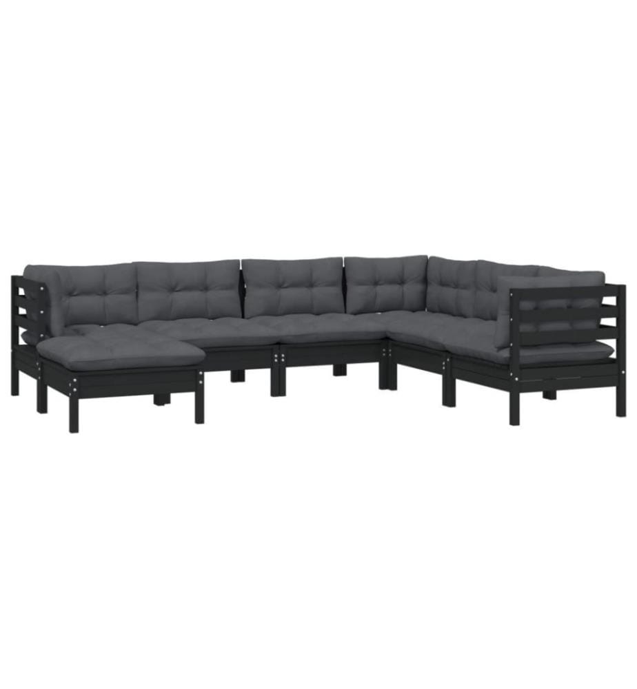 7-tlg. Garten-Lounge-Set mit Kissen Schwarz Massivholz Kiefer