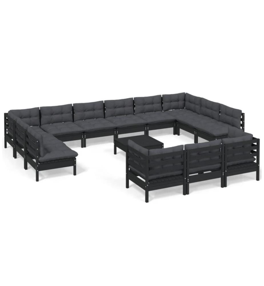 14-tlg. Garten-Lounge-Set mit Kissen Schwarz Kiefernholz