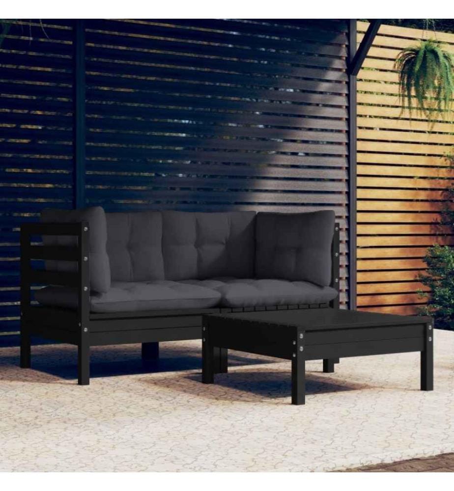 3-tlg. Garten-Lounge-Set mit Anthrazit Kissen Kiefernholz