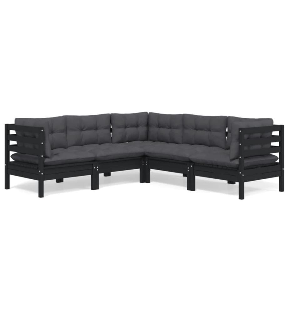 5-tlg. Garten-Lounge-Set mit Kissen Schwarz Kiefer Massivholz