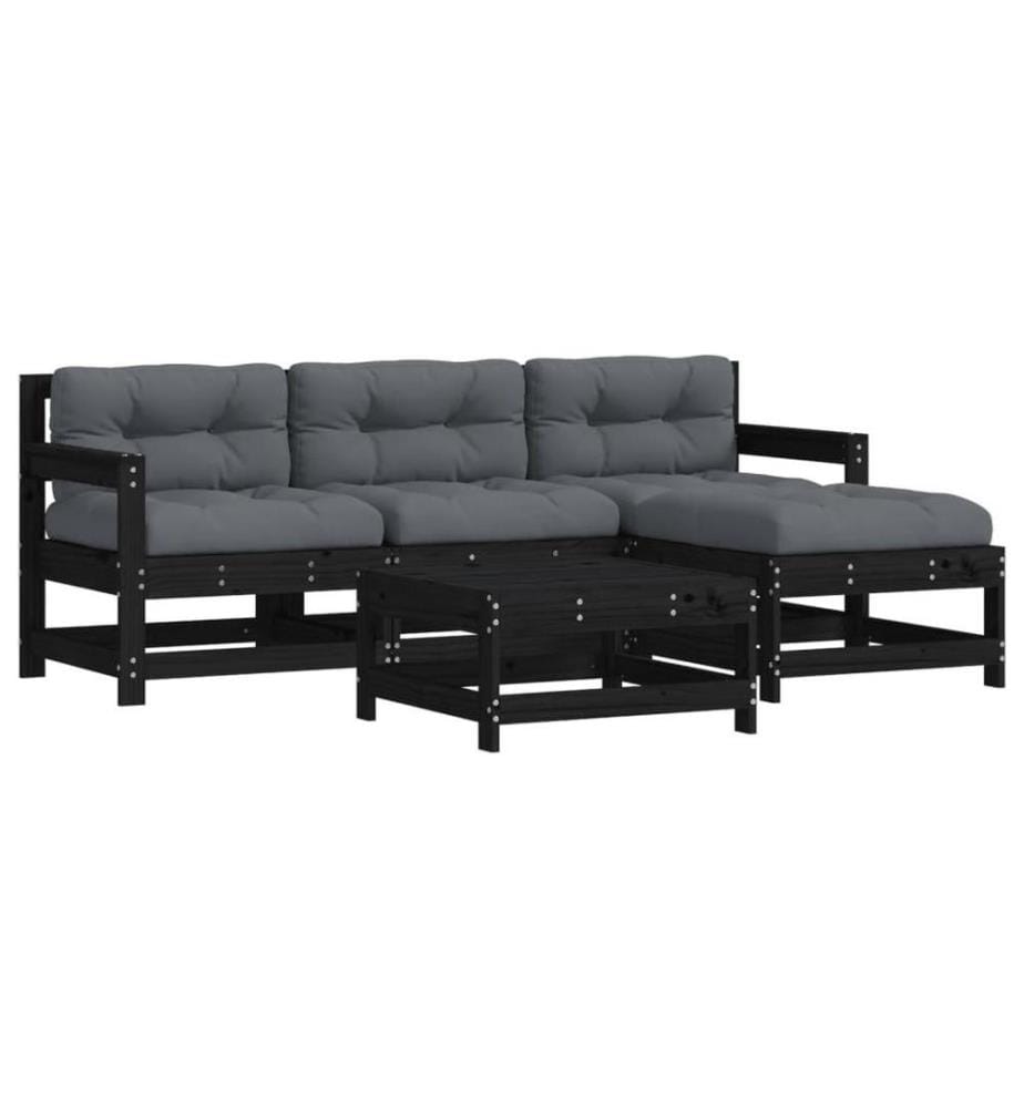 5-tlg. Garten-Lounge-Set mit Kissen Schwarz Massivholz