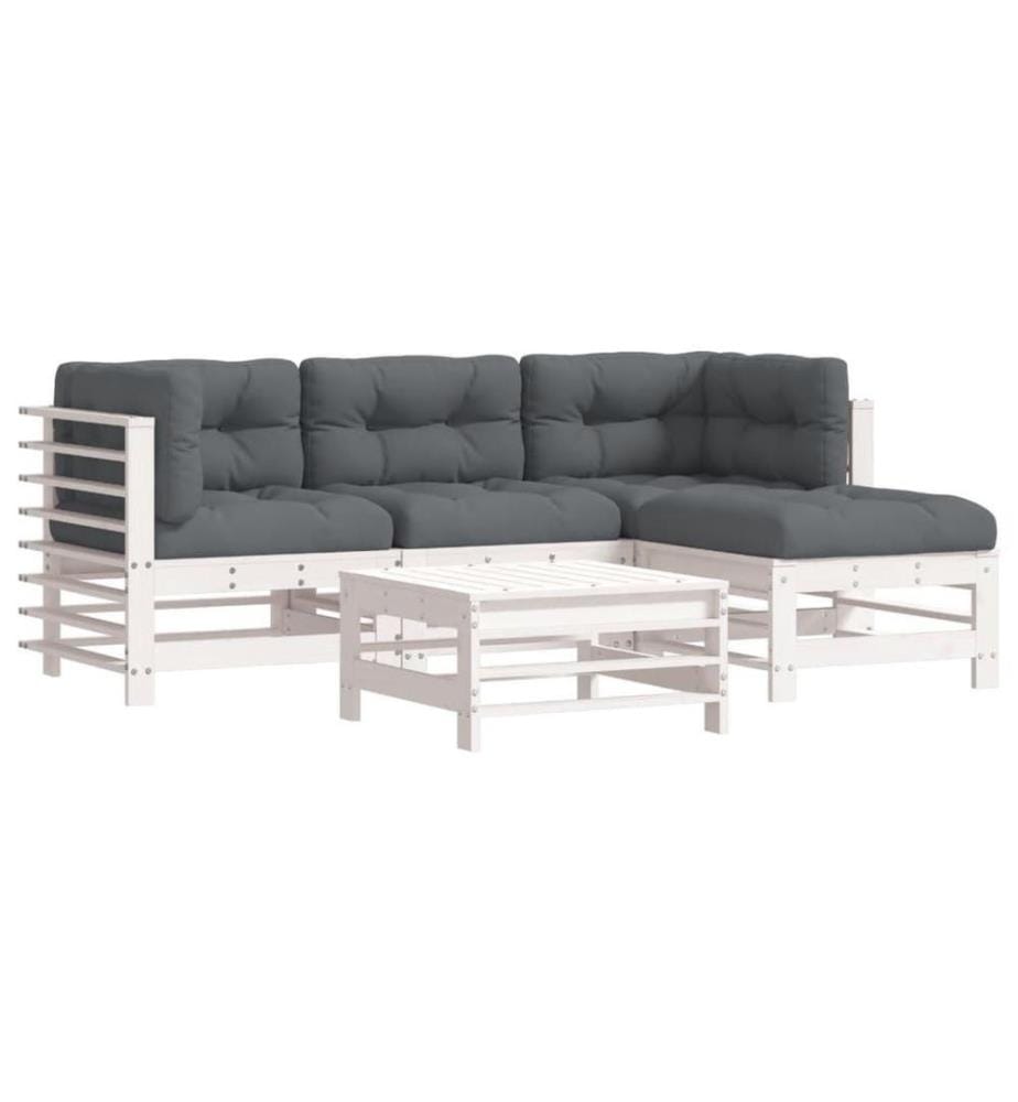 Salon de jardin 5 pcs avec coussins blanc bois massif