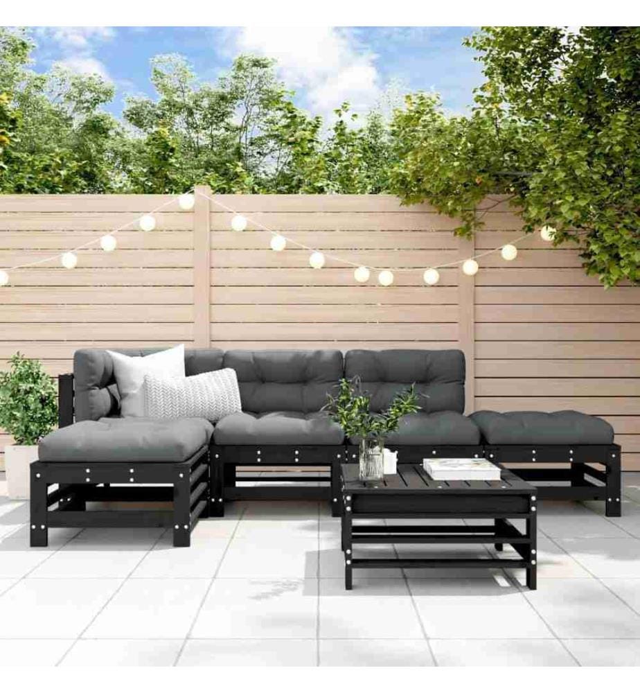 6-tlg. Garten-Lounge-Set mit Kissen Schwarz Massivholz