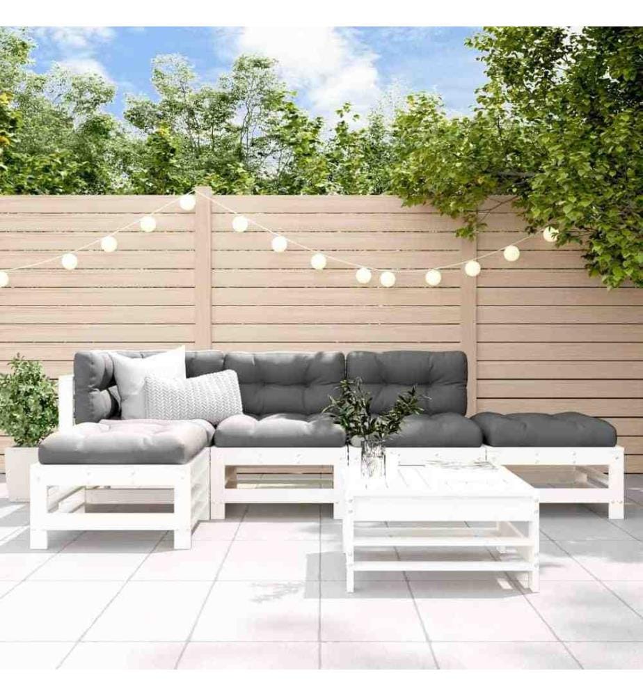 Salon de jardin 6 pcs avec coussins blanc bois massif