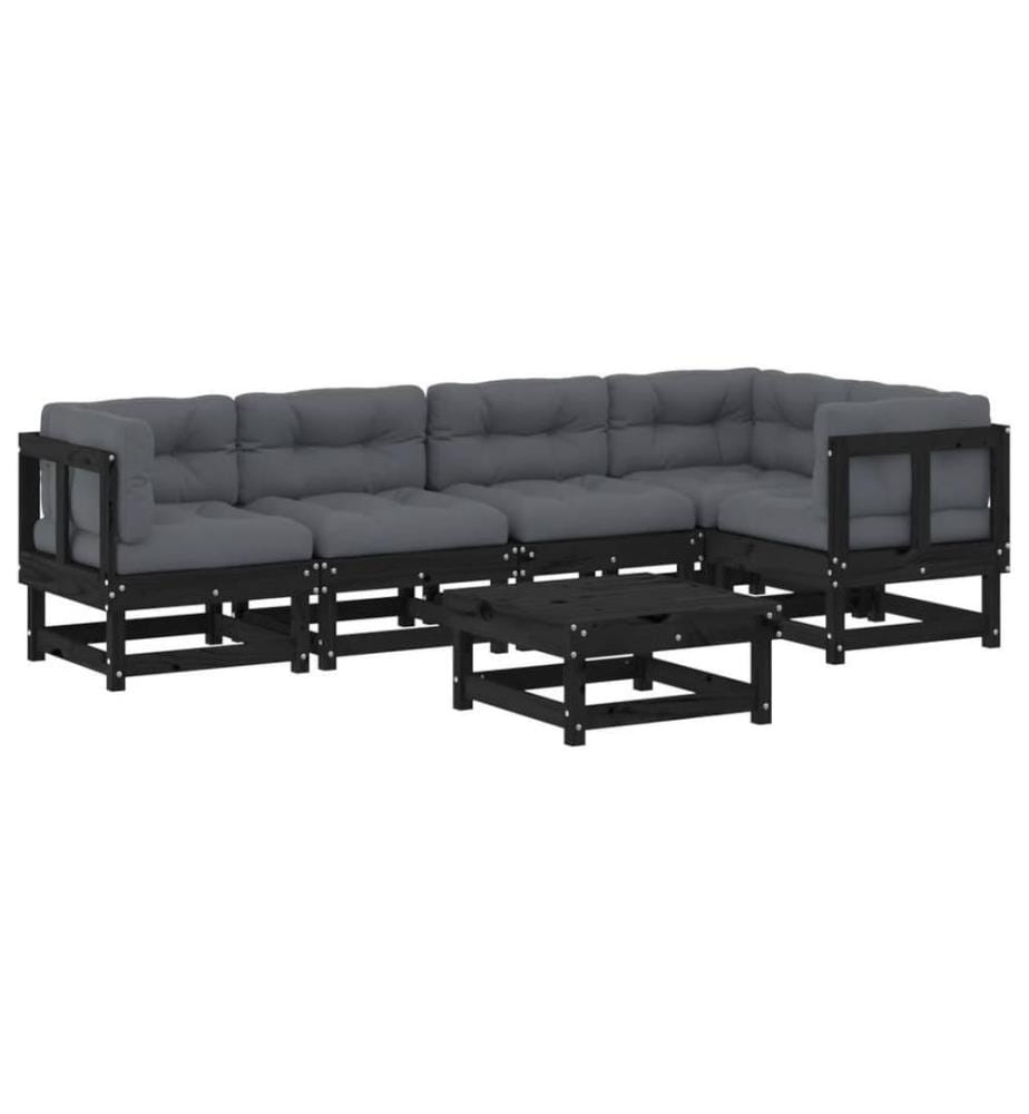 6-tlg. Garten-Lounge-Set mit Kissen Schwarz Massivholz