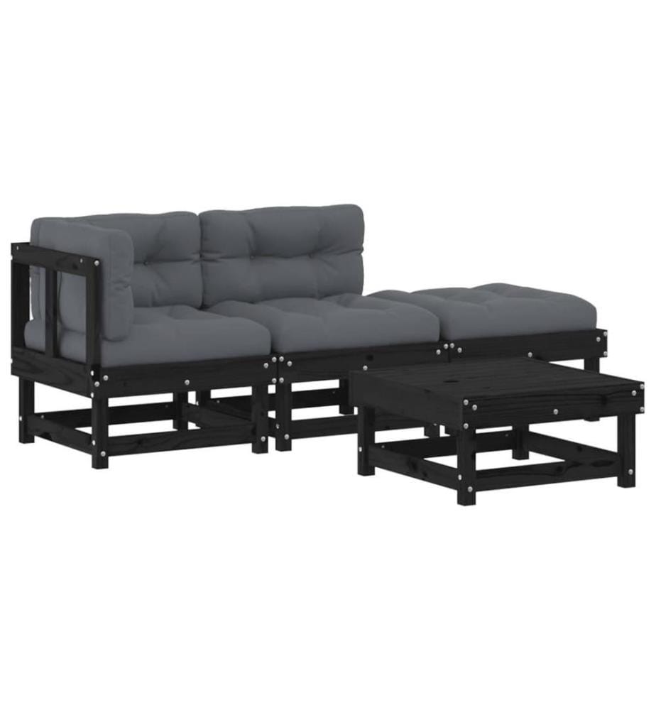 4-tlg. Garten-Lounge-Set mit Kissen Schwarz Massivholz