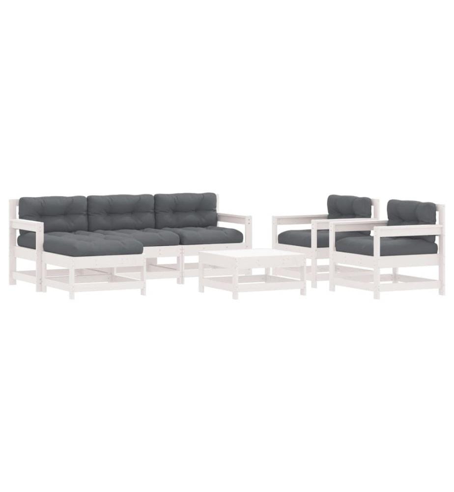 Salon de jardin 7 pcs avec coussins blanc bois massif