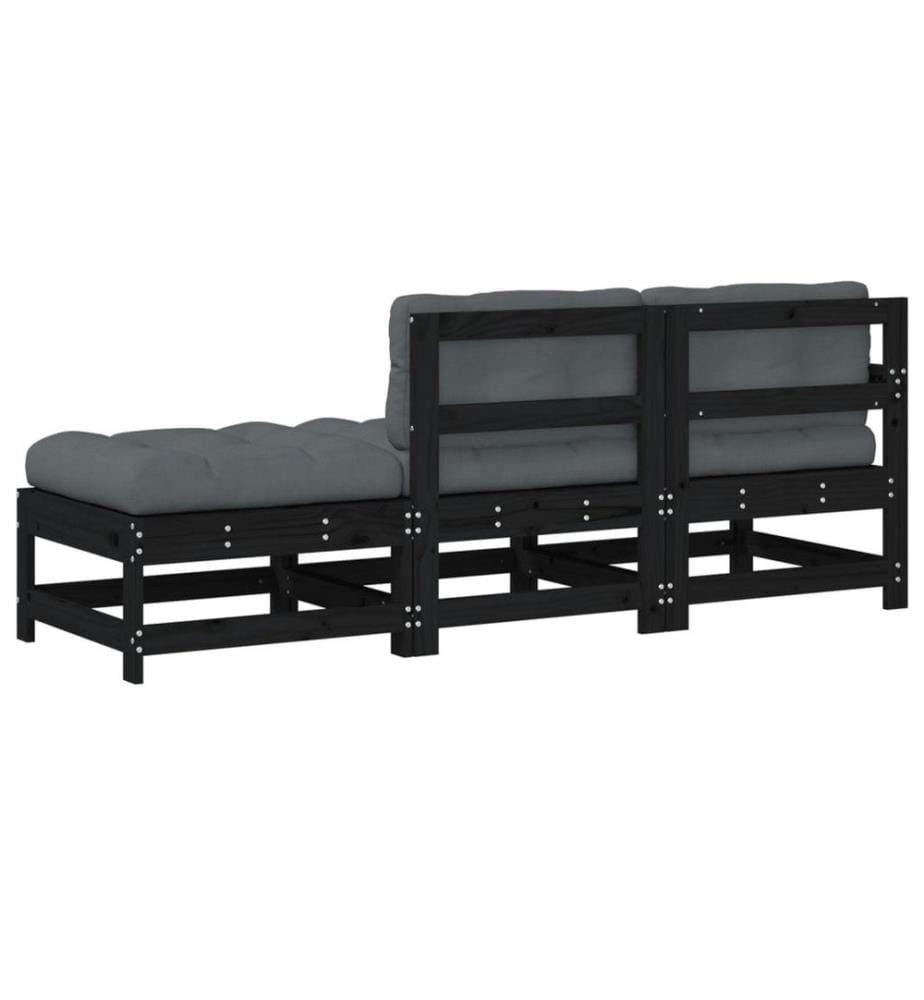 Salon de jardin 3 pcs avec coussins noir bois massif