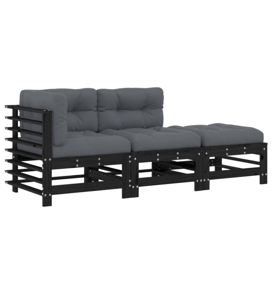 Salon de jardin 3 pcs avec coussins noir bois massif