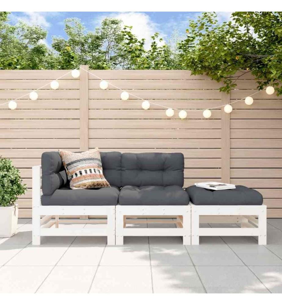 Salon de jardin 3 pcs avec coussins blanc bois massif