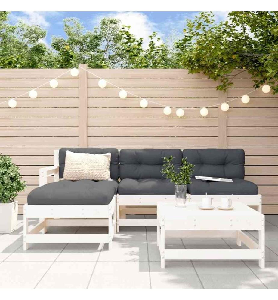 Salon de jardin 5 pcs avec coussins blanc bois massif