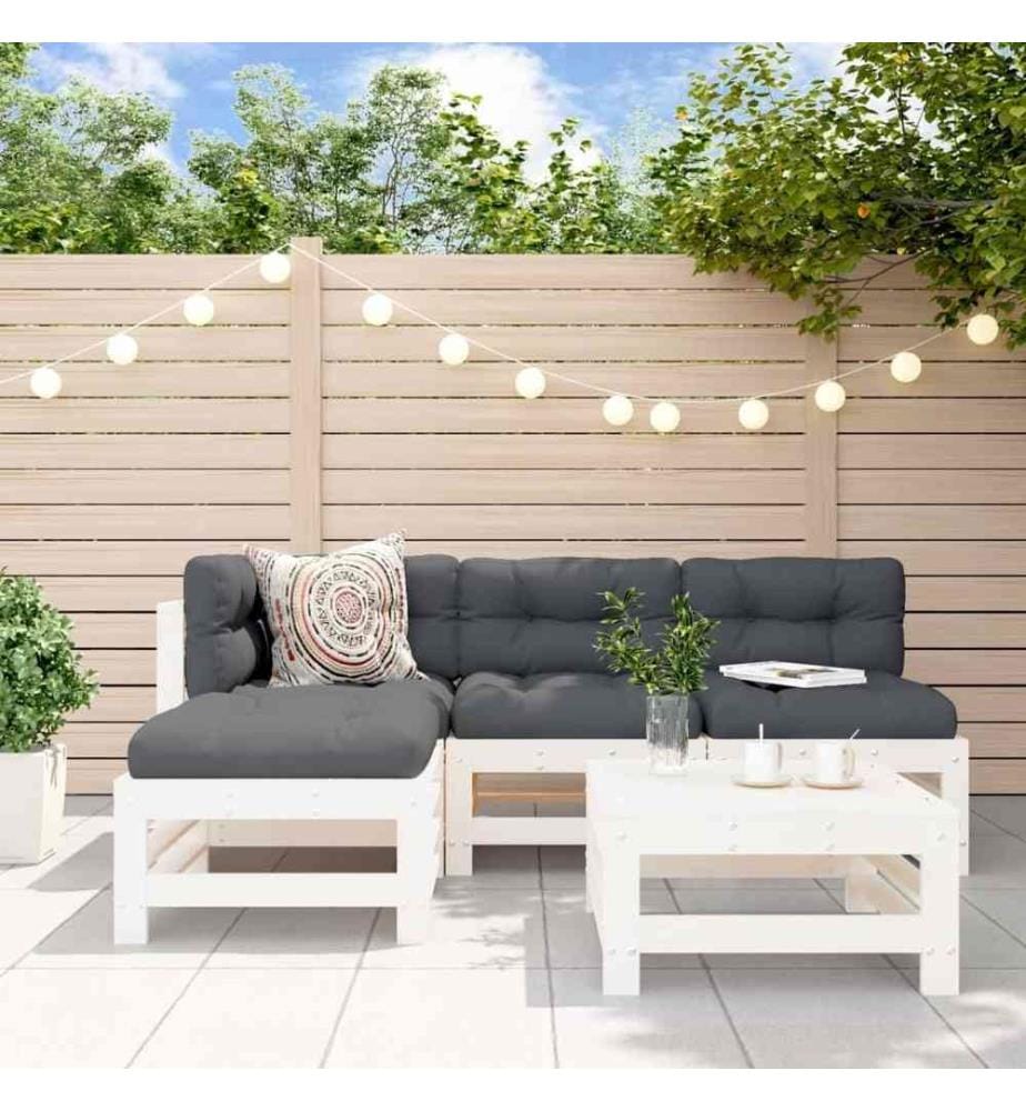 Salon de jardin 5 pcs avec coussins blanc bois massif
